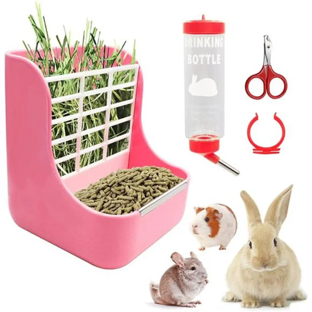 3-in-1 Guinea Pig Hay Feeder Water Bottle Nail Scissor Set for Small Animal